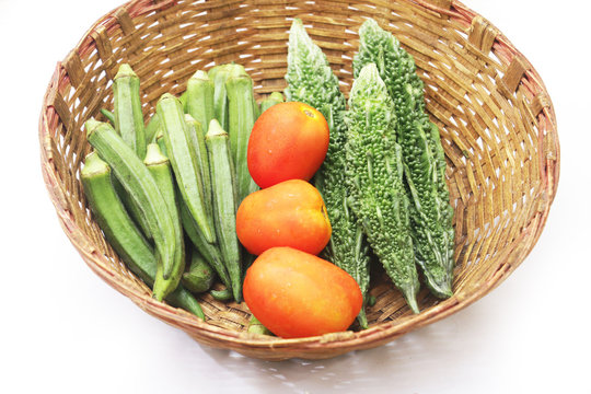 Fresh Vegetables in indian cultural basket 