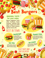 Fast food burgers vector delivery menu poster