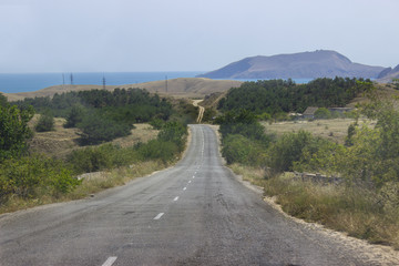 the road goes into the distance, around small bushes and the sea is visible
