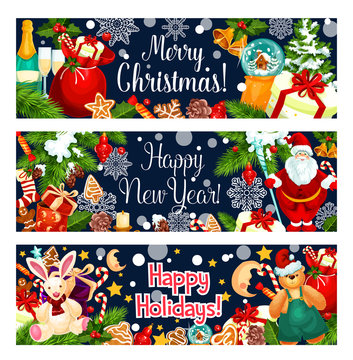 Merry Christmas vector greeting Santa gifts banner
