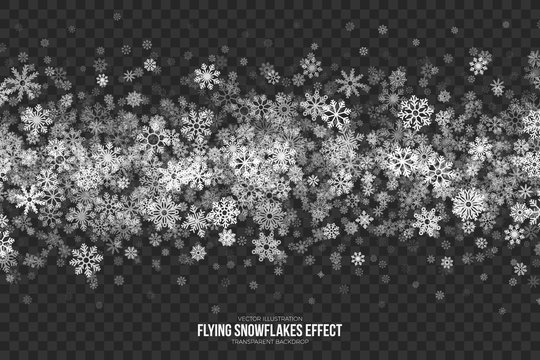 Vector Flying Snow Effect with Realistic White Shimmer Snowflakes Overlay on Transparent Background. Christmas Winter Holidays Party Abstract 3D Illustration Design Element