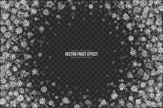 Vector Snow Frost Effect with Realistic White Winter Snowflakes Isolated on Transparent Background. Christmas Holidays Party Abstract 3D Illustration