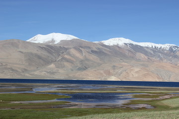 Mountain landscape in which you can see the lake. active leisure in tibet