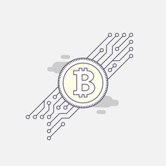 Bitcoin currency. Coin with the image bitcoin. Web logo. Flat stroke design. Vector illustration.