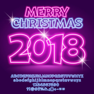 Vector colorful Neon Merry Christmas 2018 Greeting Card with set of letters, symbols and numbers. File contains graphic styles