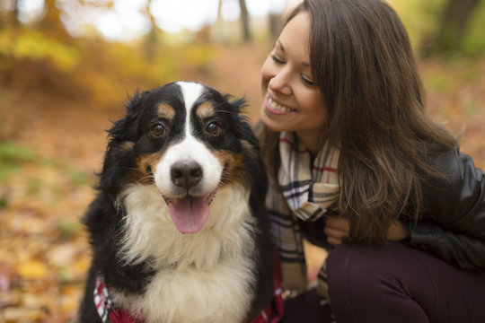 Cute girl with her Dog in Autumn park. Bernese Mountain Dog