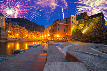 New Years firework display over Riomaggiore town, Italy