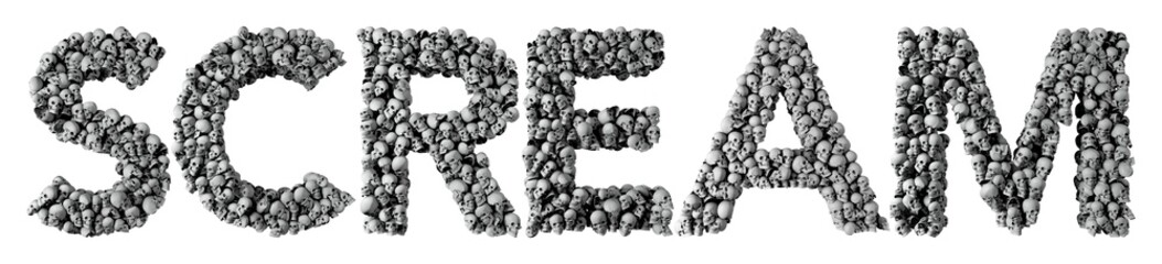 Scream word made from a skull font. 3D Rendering