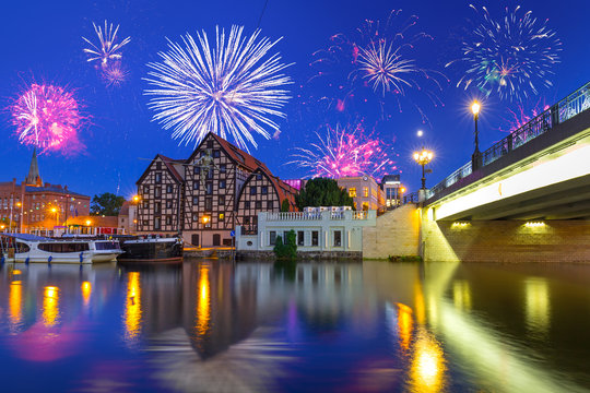 New Years firework display in Bydgoszcz city over Brda river, Poland