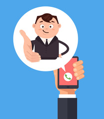 Fototapeta na wymiar Happy smiling friendly office worker manager call. Online web internet communication by smartphone concept. Vector flat cartoon illustration