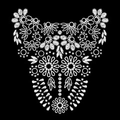 white abstract embroidery artwork design for neckline clothing, isolated vector on black background