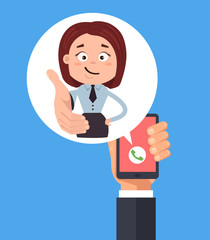 Happy smiling friendly office worker woman manager call. Online web internet communication by smartphone concept. Vector flat cartoon illustration