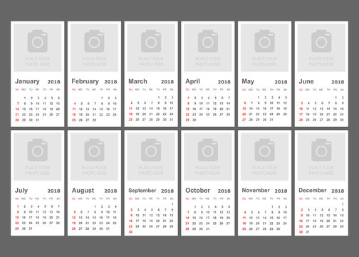 Calendar 2018 year in simple style. Calendar planner design template with place for photo. Week starts on sunday. Business vector illustration.