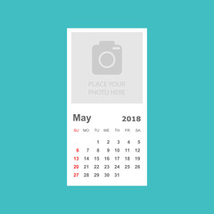 May 2018 calendar. Calendar planner design template with place for photo. Week starts on sunday. Business vector illustration.