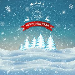 Merry Christmas and Happy New Year. Christmas winter landscape background. Vector illustration.