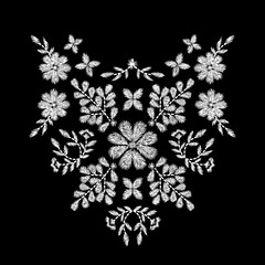 white flower embroidery artwork design for neckline clothing, isolated vector - 177779388