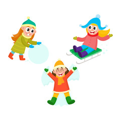 Obraz na płótnie Canvas vector girl making big snowball, girl ridinge a sledge, girl lying in snow making snow angel set. Flat cartoon illustration isolated on a white background. Winter children activity concept