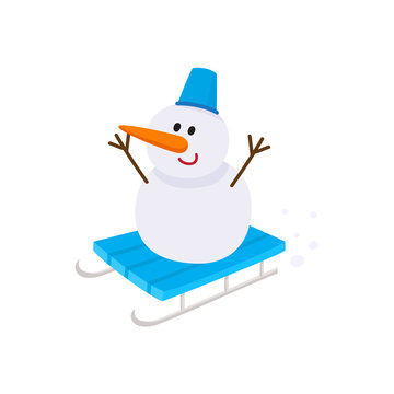 Cute, funny snowman with carrot nose and bucket hat riding a sled, cartoon vector illustration isolated on white background. Cartoon style snowman with carrot nose and bucket hat riding a sled, sleigh