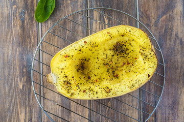 Roasted half of spaghetti squash.