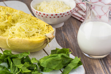 Roasted half of spaghetti squash.