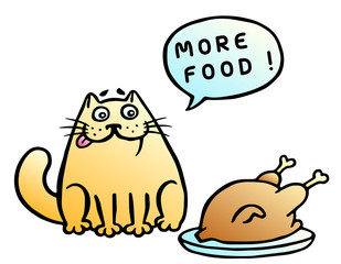 More food. Speech bubble. Orange cat and fried chicken. Vector illustration.