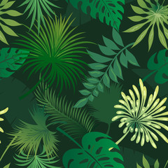 Naklejka na ściany i meble Tropical leaves seamless pattern. Palm leafs green pattern vector wallpaper for tropical print design