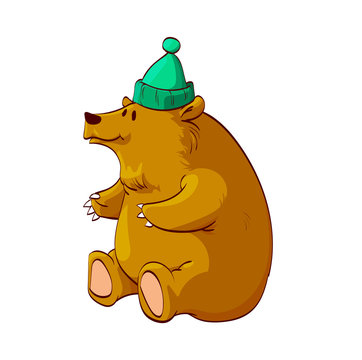 Colorful vector illustration of a cartoon brown bear or grizzly, sitting on it's butt, smiling, wearing a warm winter green hat