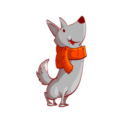 Colorful vector illustration of a cartoon vector wolf with red scarf, smiling, looking up.