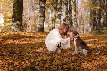 Fototapeta premium Beautiful girl with dog in the park.