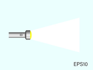 Grey flashlight with a white beam on light blue background. Vector illustration design. EPS10