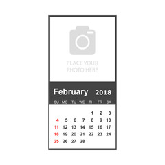 February 2018 calendar. Calendar planner design template with place for photo. Week starts on sunday. Business vector illustration.