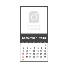September 2018 calendar. Calendar planner design template with place for photo. Week starts on sunday. Business vector illustration.