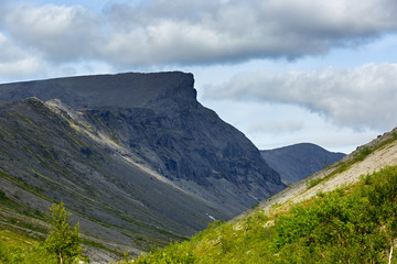 The tops of the Mountains, Khibiny  and cloudy sky. Kola Peninsula, Russia.