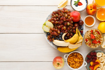 Fresh healthy breakfast with fruits copy space