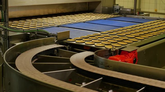 Industrial process of Empty Pies base pastries made from biscuits and butter on a conveyor belt in a bakery factory