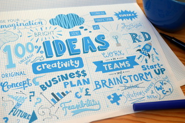 "IDEAS" Hand Lettering Notes with cup of coffee and pens on desk