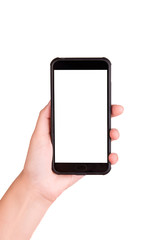 A girl is holding a smartphone on a white background