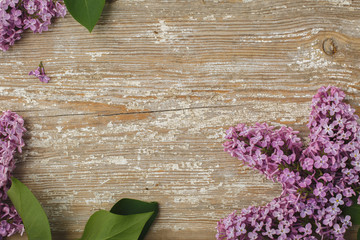 Beautiful lilac flowers on an old wooden board with a textured paint