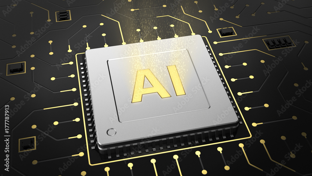 Poster 3d illustration of computer chip over circuit background with ai sign. ai(artificial intelligence) c