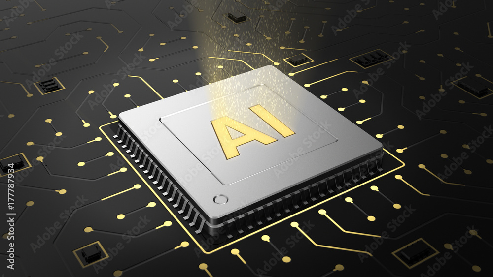 Poster 3d illustration of computer chip over circuit background with ai sign. ai(artificial intelligence) c