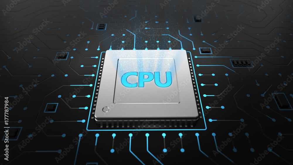 Poster 3d render cpu chip on black circuit board. technology background computer circuit board chip cpu cor