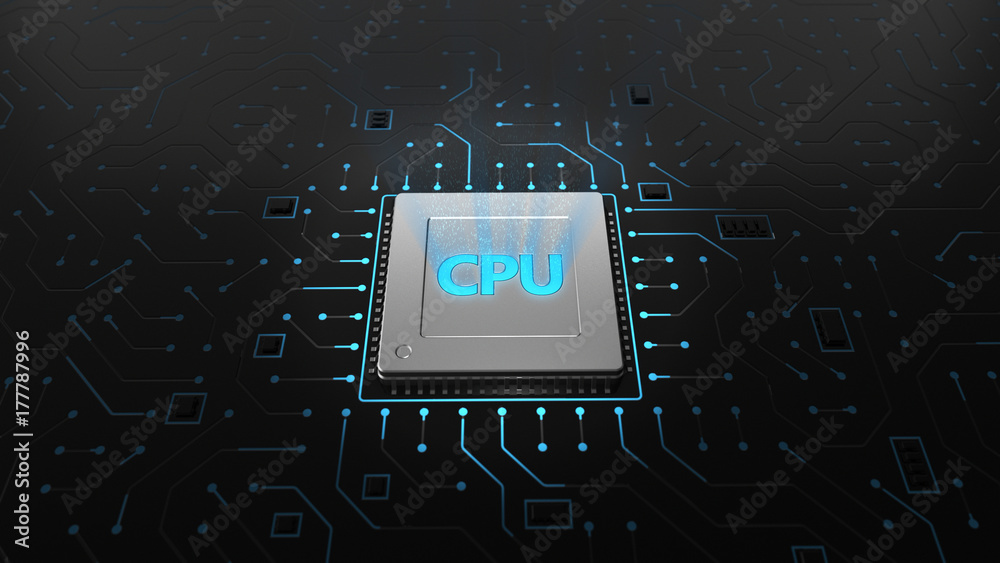 Poster 3d render cpu chip on black circuit board. technology background computer circuit board chip cpu cor