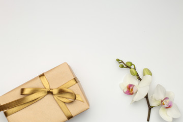 Gift box with orchid flower on white background