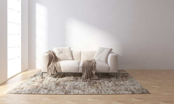 Sofa on carpet in bright room