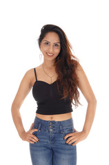 Fototapeta premium Happy smiling woman in a corset and jeans
