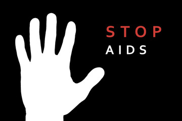 Stop AIDS sign with white hand on black background.