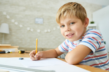 Portrait of cute little boy looking at camera and smiling while sitting at desk doing homework,...