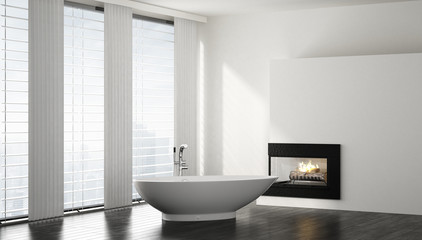 Bathtub with fireplace in modern bathroom