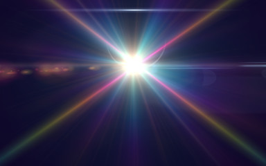 Digital lens flare in black background horizontal frame warm.Modern natural flare effect.Sunlight in space.colorful light on space