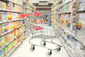 Empty Shopping cart on supermarket background.